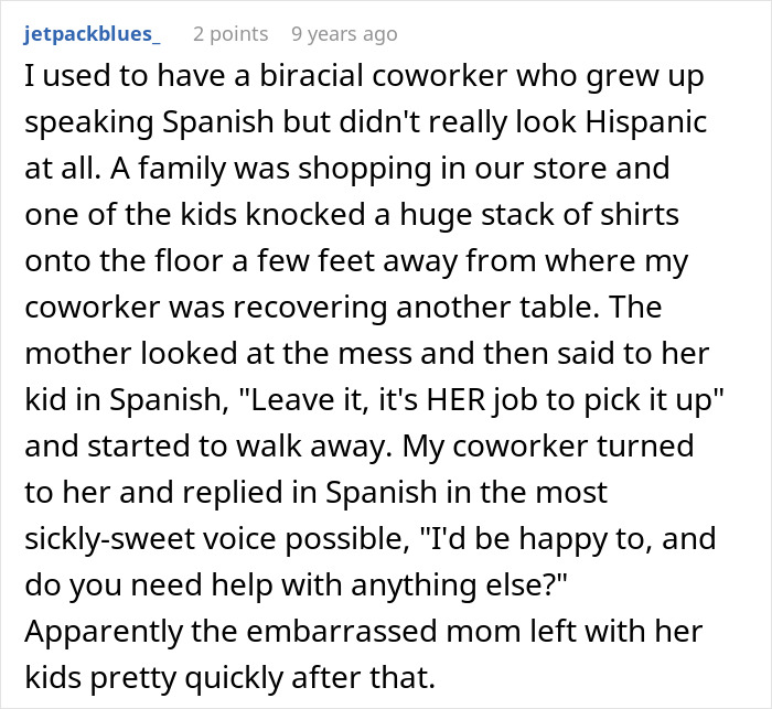 Comment text describing an employee overhearing dad's whisper and calling him out in front of everyone.