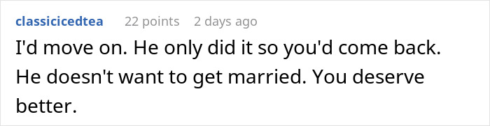 Screenshot of a comment discussing a man proposing after being dumped and showing his true colors when refused.