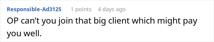 Forum comment text discussing loss of a big client with reference to an easily replaceable employee.