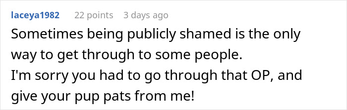 Comment on a forum discussing service dog fraud, highlighting public shaming and support for the shopper with a service dog.