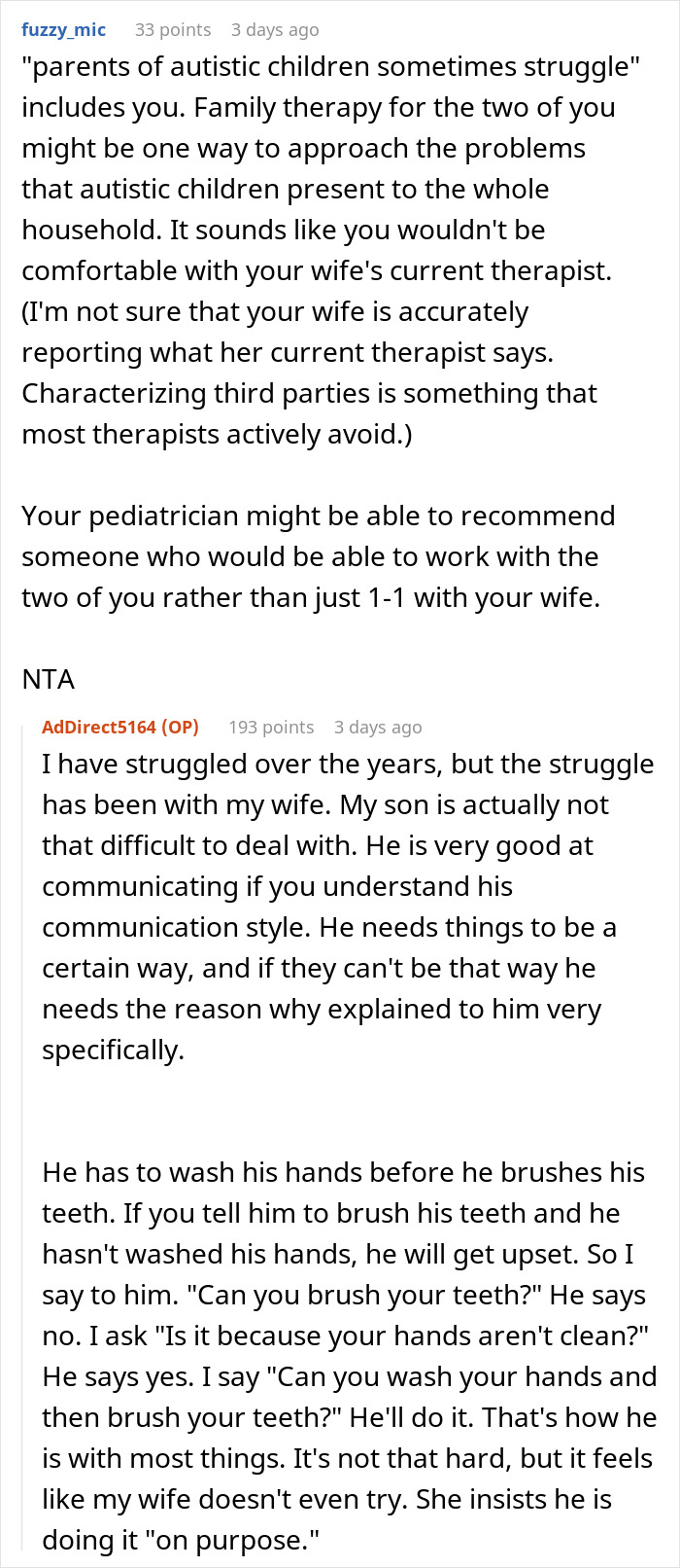 Reddit discussion about struggle with wife and therapist in a post titled AITAH for telling wife to marry her therapist.