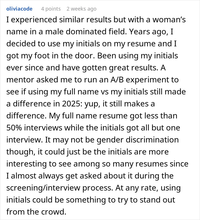 Comment discussing how a woman&rsquo;s name change to a more white-sounding name led to more job offers.
