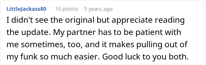 Comment discussing patience and support during depression, highlighting the importance of understanding without labeling it as laziness. Comment discussing patience and support during depression, highlighting the importance of understanding without labeling it as laziness.