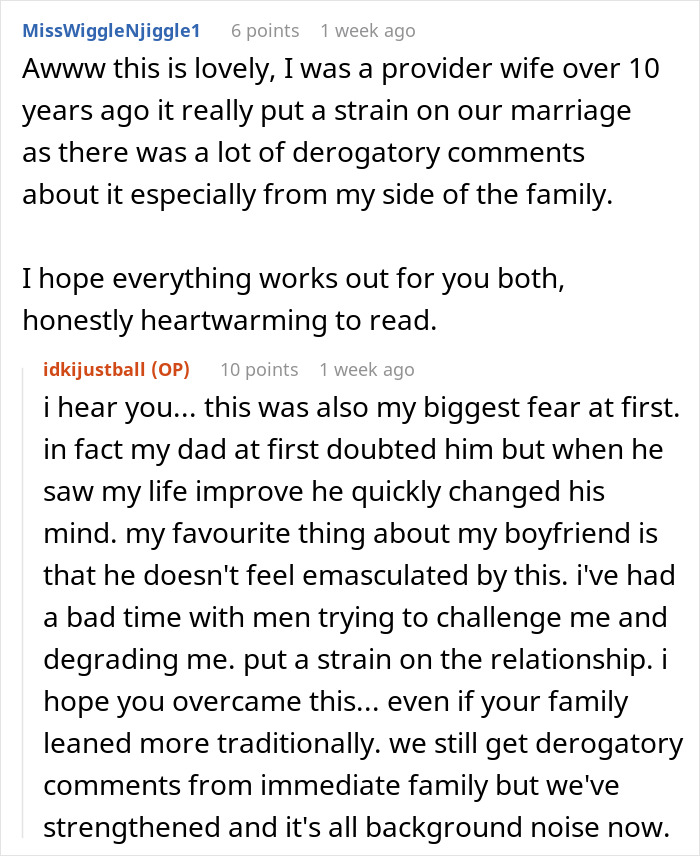 Reddit comments discussing a woman proudly funding her stay-at-home boyfriend, highlighting his intelligence and kindness.