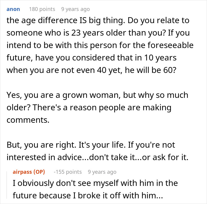 Comment discussion about age difference between a woman and her boyfriend&rsquo;s grown son giving a wake-up call.