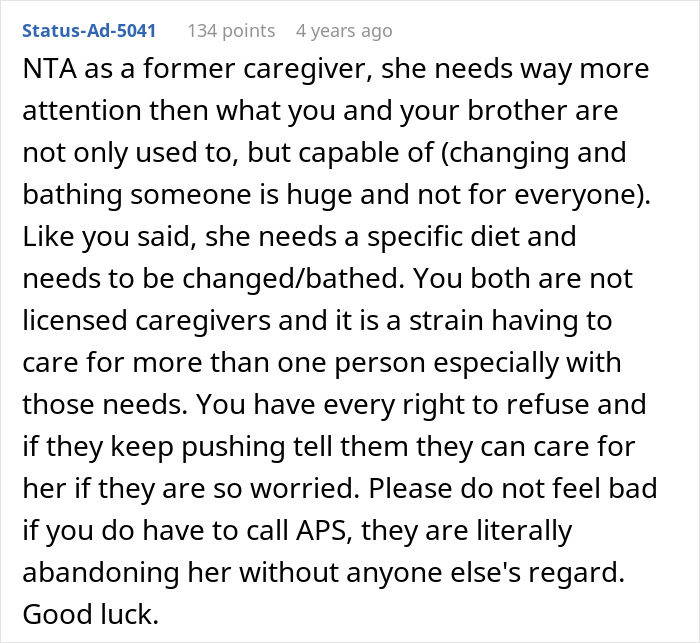 Reddit comment explaining refusal to take care of grandma, highlighting strain and caregiving challenges in family disputes.