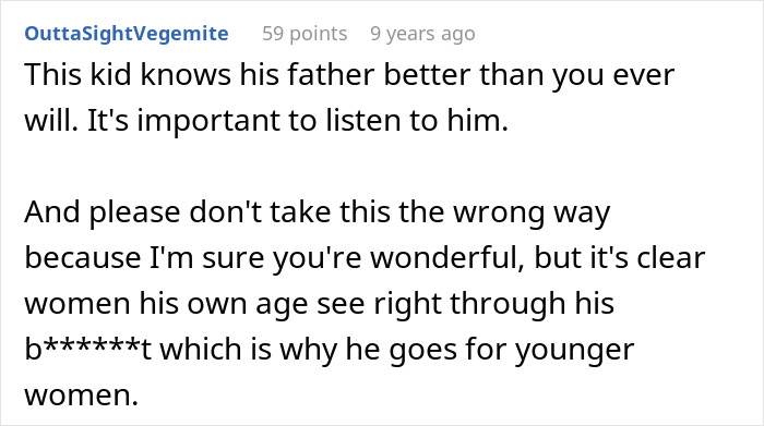 Comment discussing the importance of listening to a father&rsquo;s grown son and mentioning women his own age.