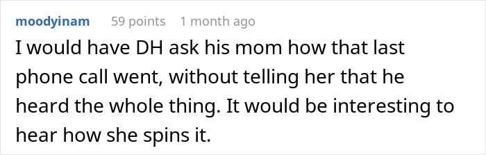 Screenshot of an online discussion where a user suggests asking MIL about a phone call after new mom confronts MIL&rsquo;s unhinged behavior.