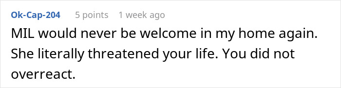 Comment text about a monster-in-law putting a daughter-in-law&rsquo;s life in danger leading to police escort and banishment.