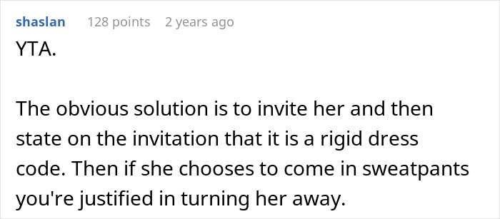 Text comment discussing excluding a friend from an extravagant ball due to dress code and aesthetic concerns.