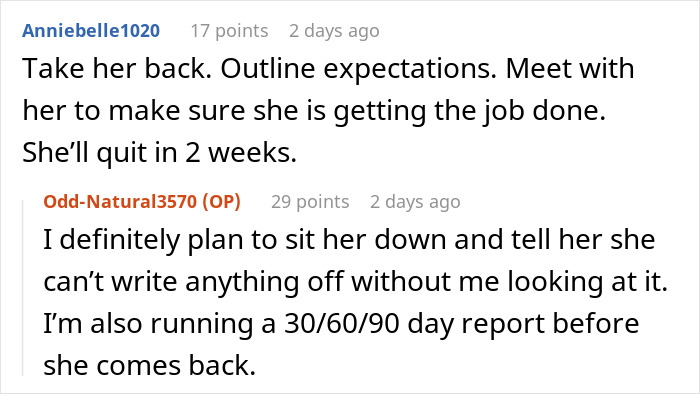Reddit conversation about doctor refusing to rehire sister after financial loss, discussing plans to monitor her work closely.