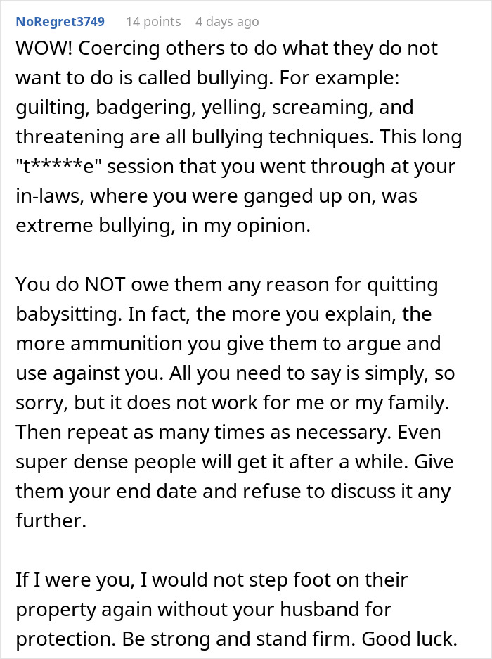 Comment discussing parents guilt-tripping daughter-in-law over babysitting refusal and advising firm boundaries against bullying.