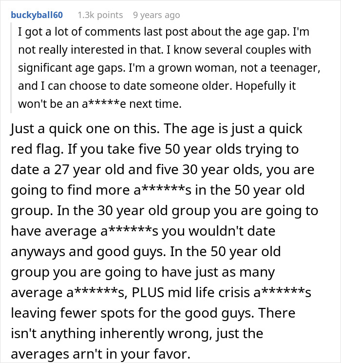 A Reddit comment discussing dating age gaps and issues faced by women dating older men and grown sons.