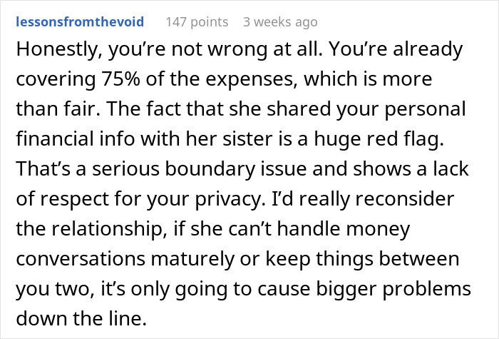 Alt text: Reddit comment advising reconsideration of relationship over combined income and financial boundary issues. Alt text: Reddit comment advising reconsideration of relationship over combined income and financial boundary issues.
