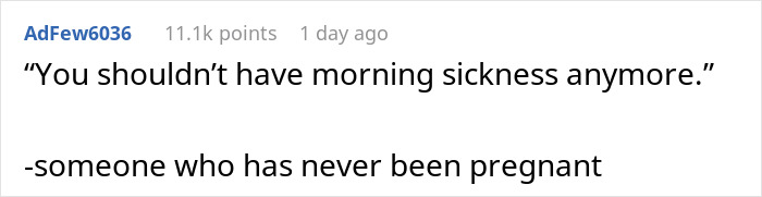 Screenshot of a social media comment about pregnancy, highlighting a statement dismissing morning sickness symptoms.