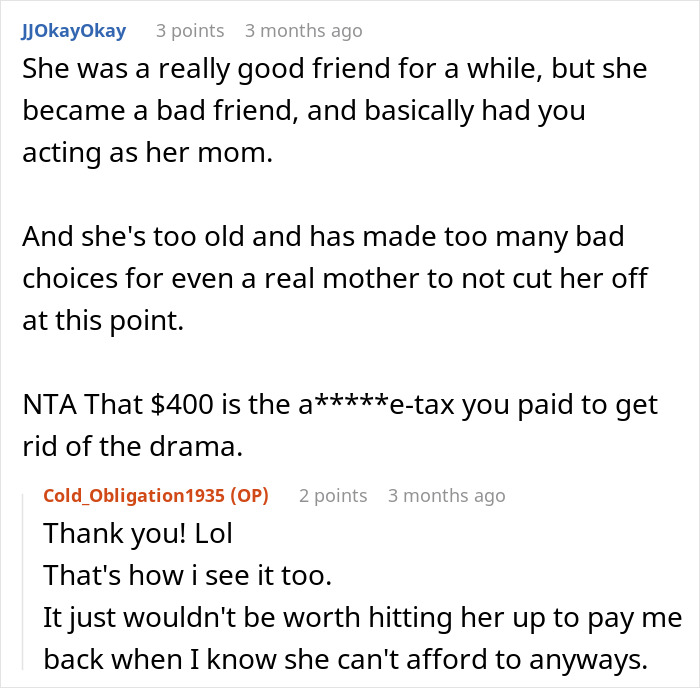 Reddit conversation discussing a woman ending a 10-year friendship over being the bestie bank for a friend with five kids.