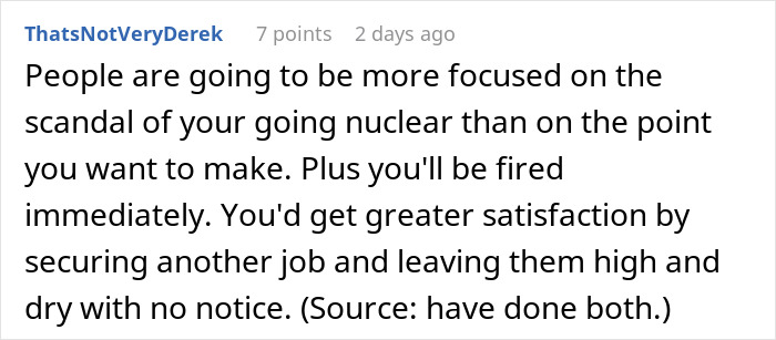 Screenshot of a Reddit comment discussing risks of exposing management and HR to coworkers in a workplace scandal.