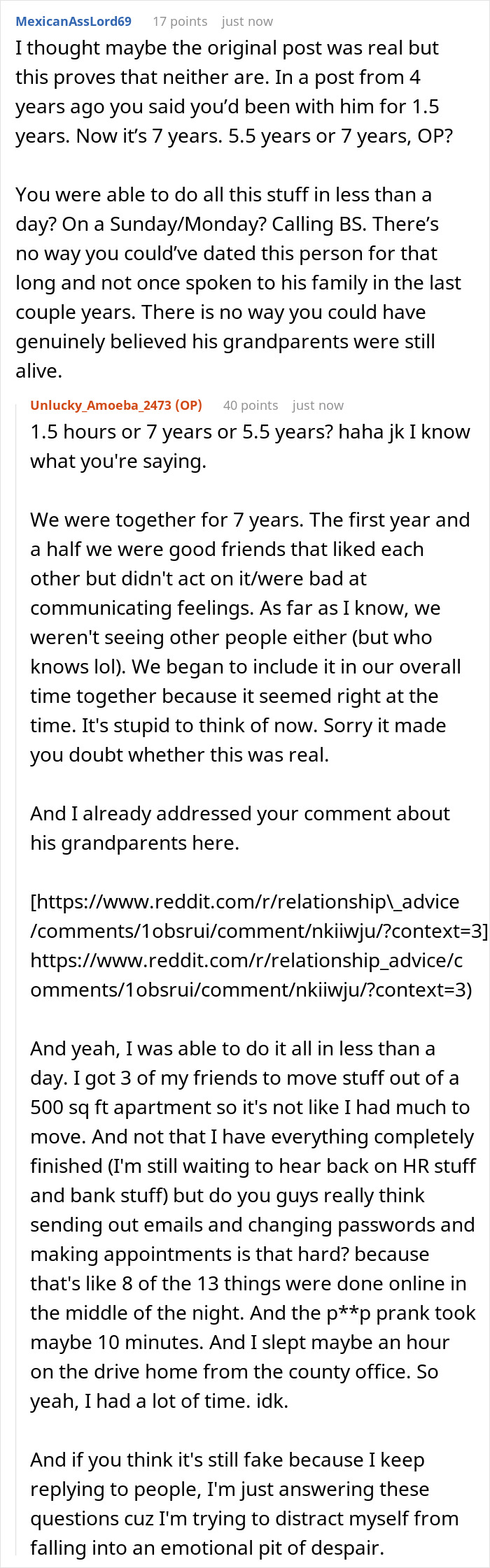 Reddit conversation discussing a man announcing a breakup to everyone except his girlfriend of seven years.
