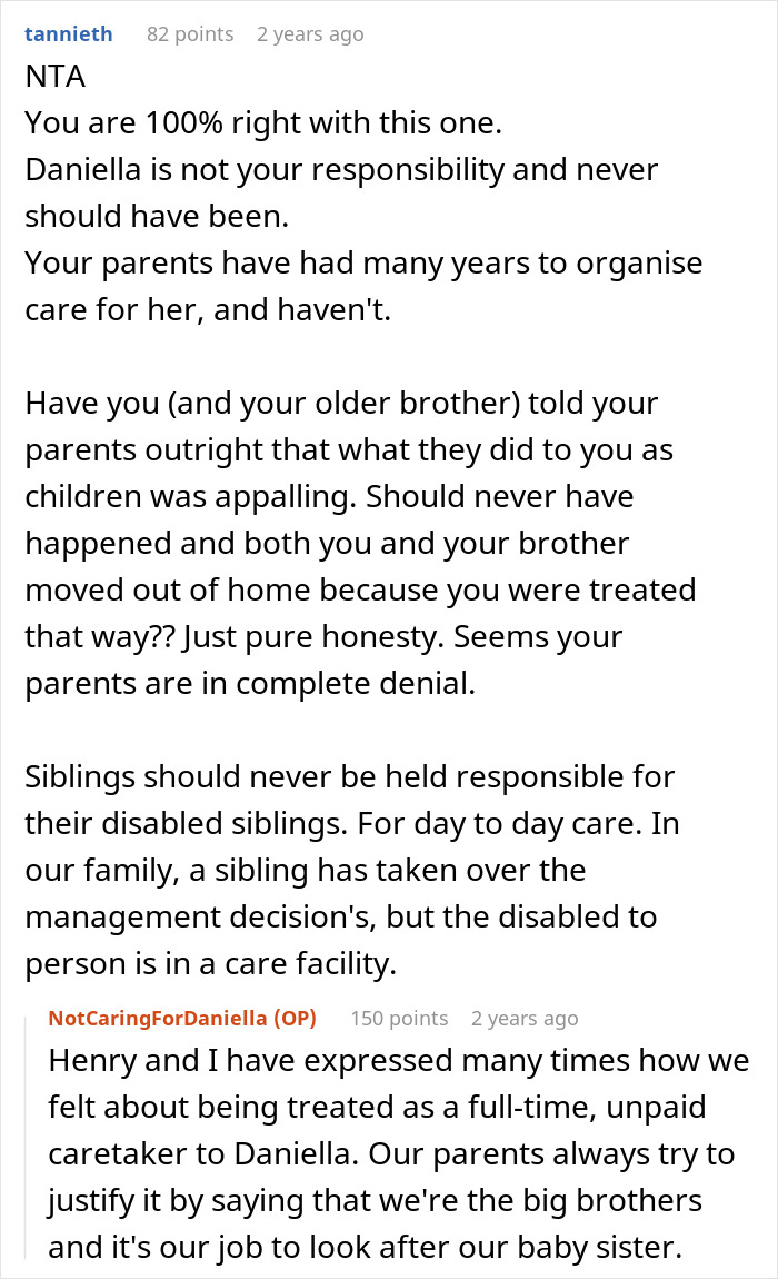 Comment discussion on family conflict over refusing care for disabled sister and accusations of ableism. Comment discussion on family conflict over refusing care for disabled sister and accusations of ableism.