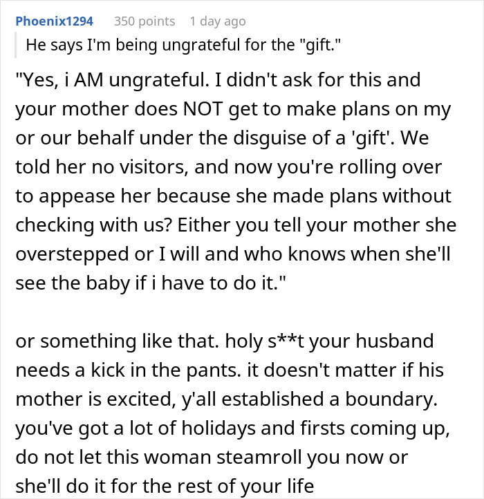 Comment thread showing disagreement over overbearing MIL booking a photoshoot after DIL gives birth, causing family tension.