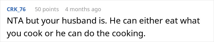 Screenshot of an online comment discussing a husband yelling at his wife for cooking the same thing repeatedly.