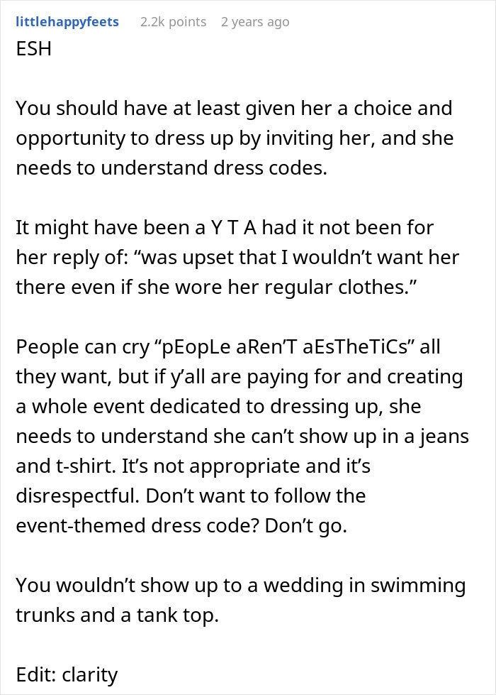 Screenshot of a Reddit comment discussing dress codes and defending excluding a friend from an extravagant ball based on aesthetics.