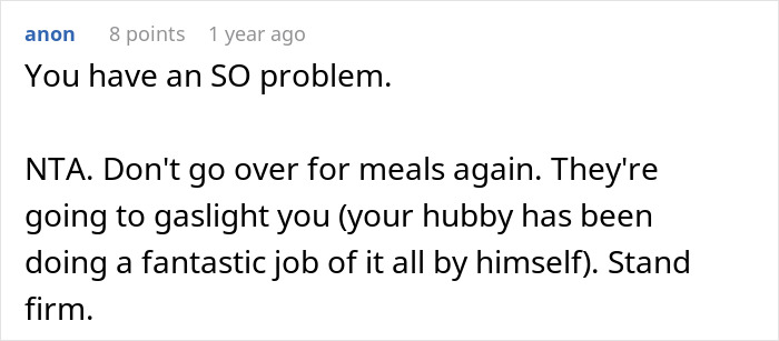 Screenshot of a forum comment discussing a mom refusing to attend family dinners after being ignored by her in-laws. Screenshot of a forum comment discussing a mom refusing to attend family dinners after being ignored by her in-laws.