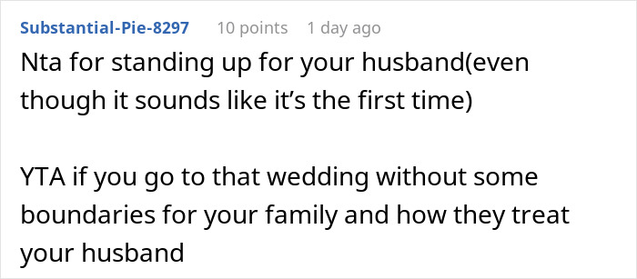 Screenshot of Reddit comment debating a brother-in-law being mocked and uninvited from a wedding after joking back.