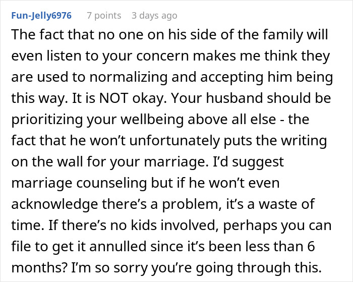 Comment discussing family siding with creepy brother-in-law and wife removing wedding ring, affecting relationship wellbeing and marriage.