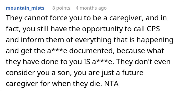 Comment discussing being a future caregiver for a disabled son and the challenges of caregiving responsibilities. Comment discussing being a future caregiver for a disabled son and the challenges of caregiving responsibilities.
