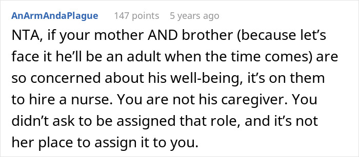 Comment explaining care responsibilities for a brother with nocturnal epilepsy, emphasizing boundaries in caregiving roles.