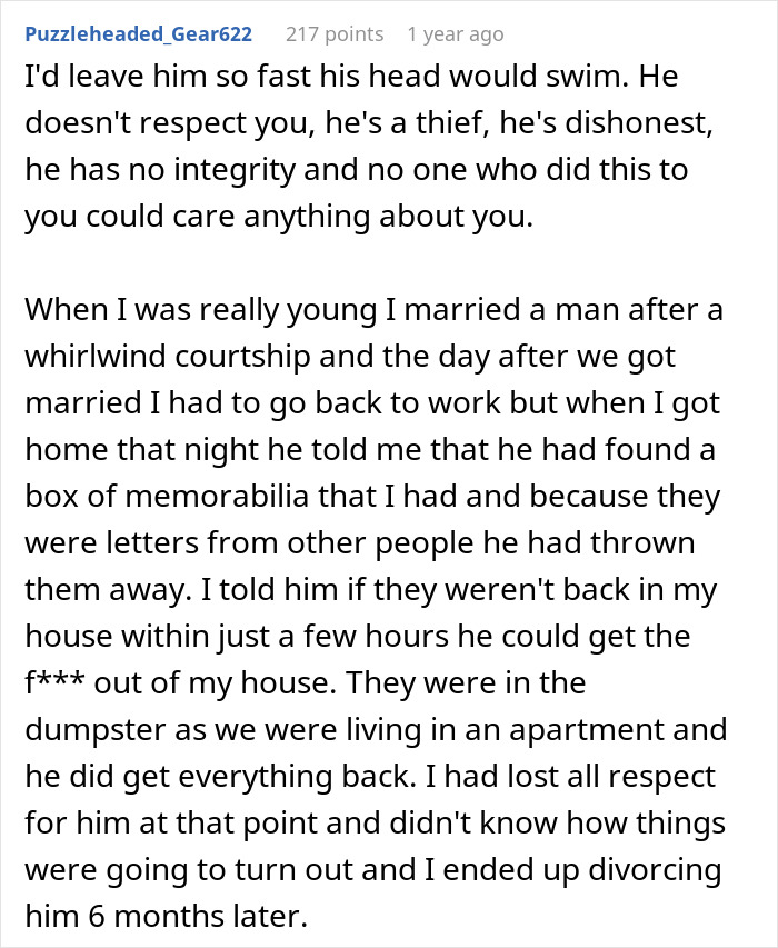 Comment discussing a man ruining his marriage by stealing his wife's tea set and giving it to his niece.