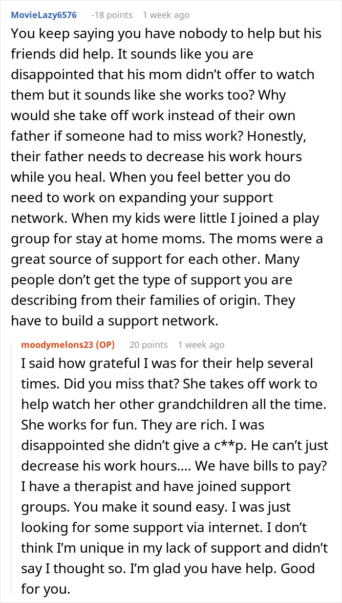 Reddit discussion showing a woman struggling with support after surgery while caring for two kids, sharing her experience online.