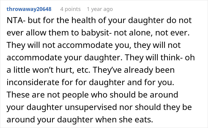 Comment discussing concerns about in-laws ignoring health and safety during family dinners and babysitting. Comment discussing concerns about in-laws ignoring health and safety during family dinners and babysitting.