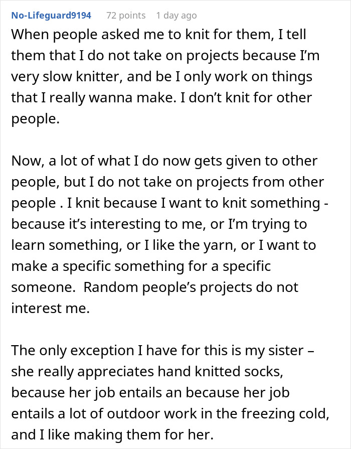 Comment about an entitled employee refusing free knitting projects and the impact on knitting as a hobby.