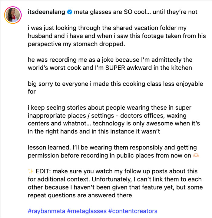 Woman using Meta glasses to record vacation, sharing regrets and uncomfortable moments from footage viewed later.