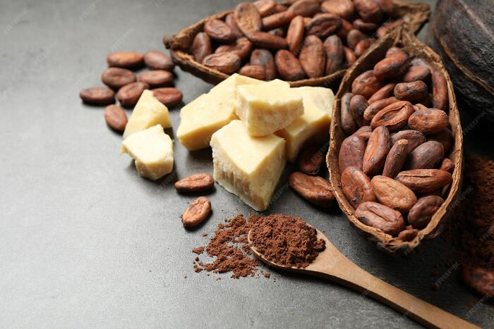 Cocoa beans, chunks of cocoa butter, and cocoa powder on a dark surface, related to lovable clueless dads.