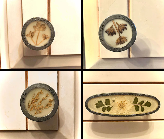 Decorative cabinet knobs with dried flowers showcasing cottage core aesthetics in a rustic and whimsical style.