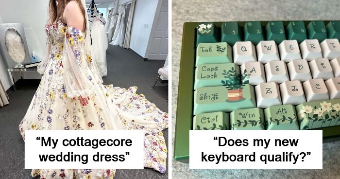 A person wearing a floral cottagecore-style wedding dress and a close-up of a cottagecore themed keyboard.