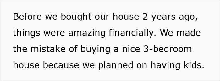 Text excerpt about financial struggles after buying a house and its impact on marriage and family plans.