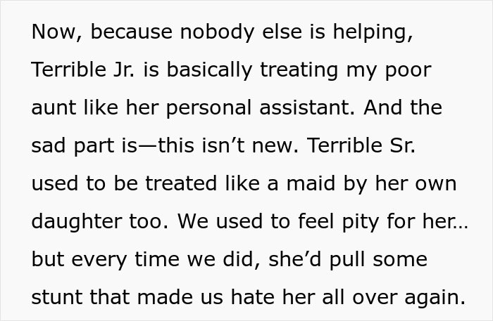 Text excerpt showing a woman gleaming while watching cousin&rsquo;s wife struggle after quitting free babysitting duties.