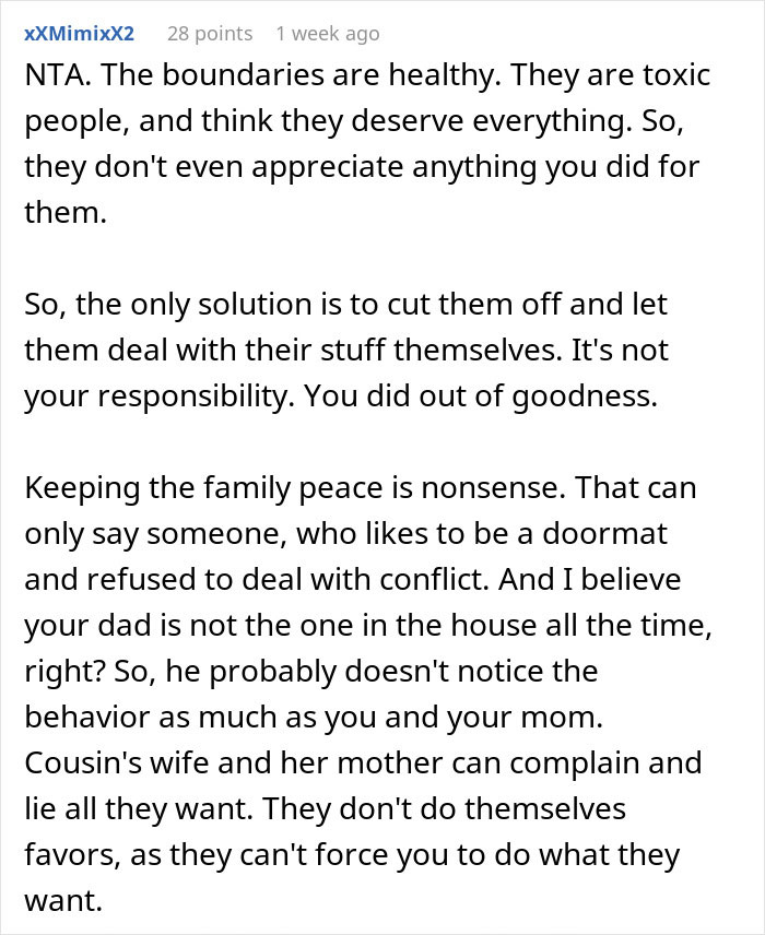 Comment discussing healthy boundaries and toxic family dynamics after woman stops being free babysitter for cousin&rsquo;s wife.