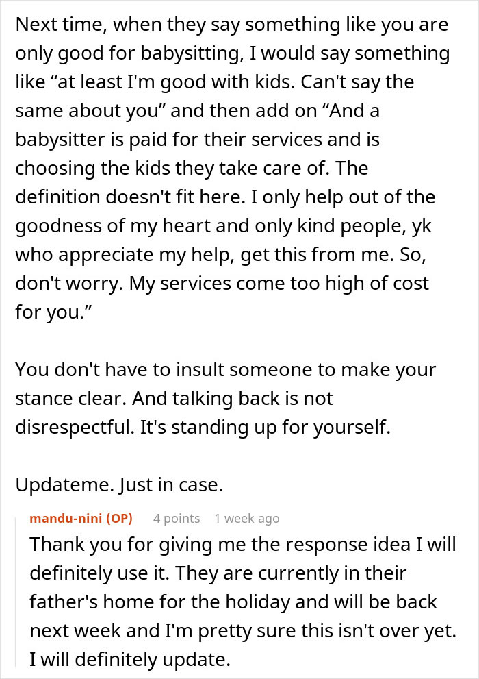 Text discussing standing up after quitting being a free babysitter, highlighting woman gleams watching cousin&rsquo;s wife struggle.