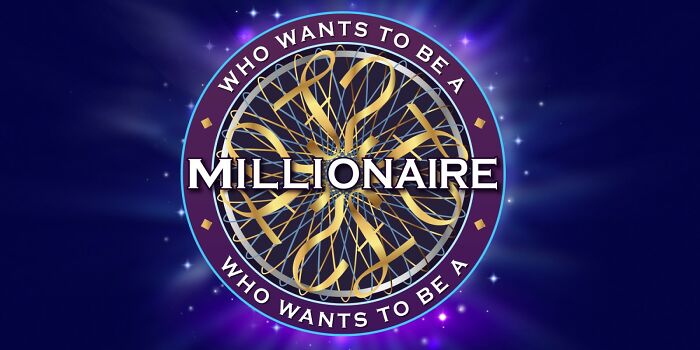 Who Wants To Be A Millionaire logo with spinning gold numbers on a glowing purple background for the challenge quiz game.