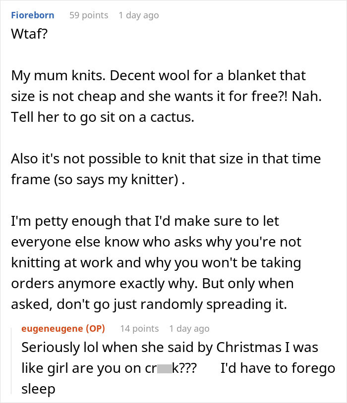 Screenshot of a Reddit thread discussing an entitled employee angry over knitting a huge blanket for free.