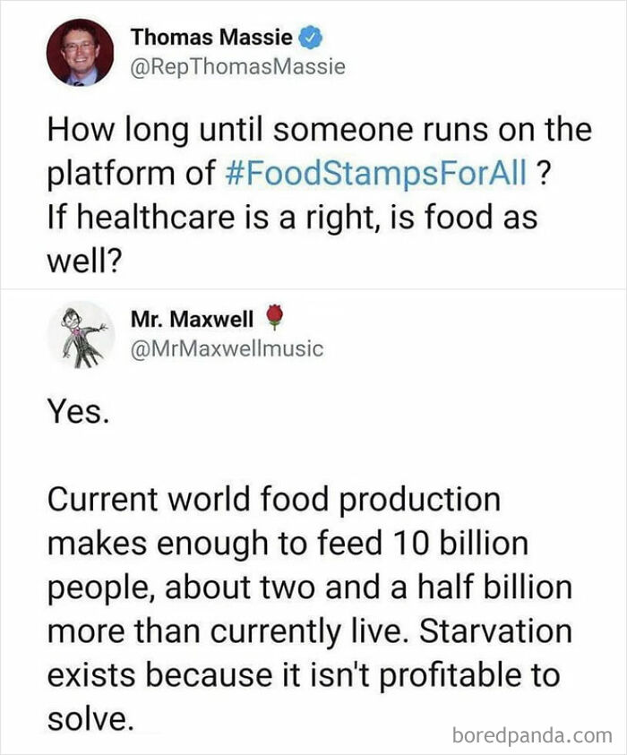 Twitter exchange highlighting facepalm moments showing lack of basic logic and common sense about food and healthcare rights.