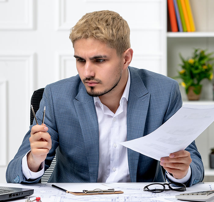 Young man in business suit reviewing documents and glasses, illustrating work nepotism in a professional office setting.