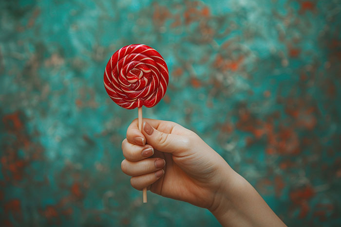 Hand holding a red and white swirl lollipop against a blurred background, evoking spooky urban legends atmosphere.