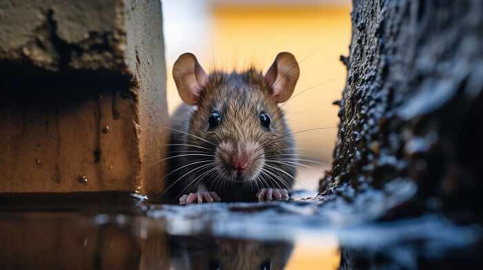 Close-up of a creepy thing in home stories showing a mouse peeking between walls with blurred background and water reflection.