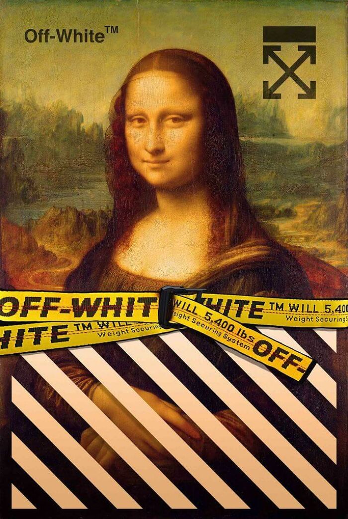 Mona Lisa featured in Off-White ad campaign with signature yellow tape and striped design, blending art and fashion trends.
